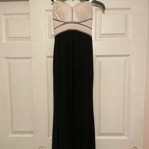 Black slit prom dress, white off the shoulder top, la femme from Bianca’s bridal